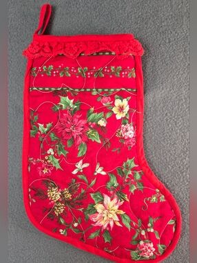 Vintage Festive Red Poinsettia Quilted Christmas Stocking 13"
